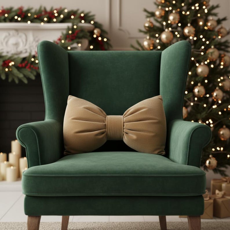 Elegant Velvet Bow Pillow – Burgundy, Green & Beige, Luxury Christmas Home Decor
