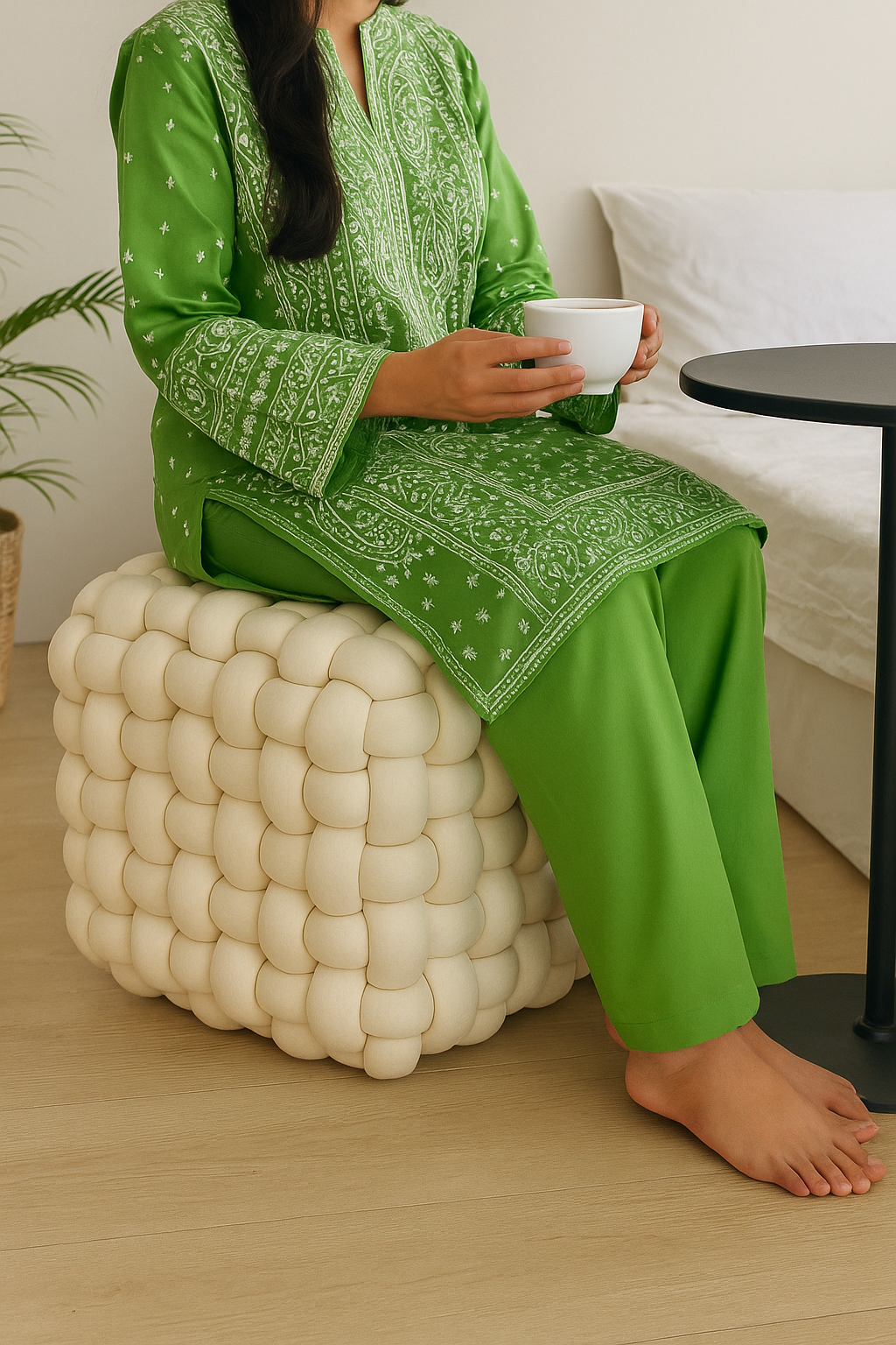 Luxe Braided Cube Ottoman – Ivory Dream