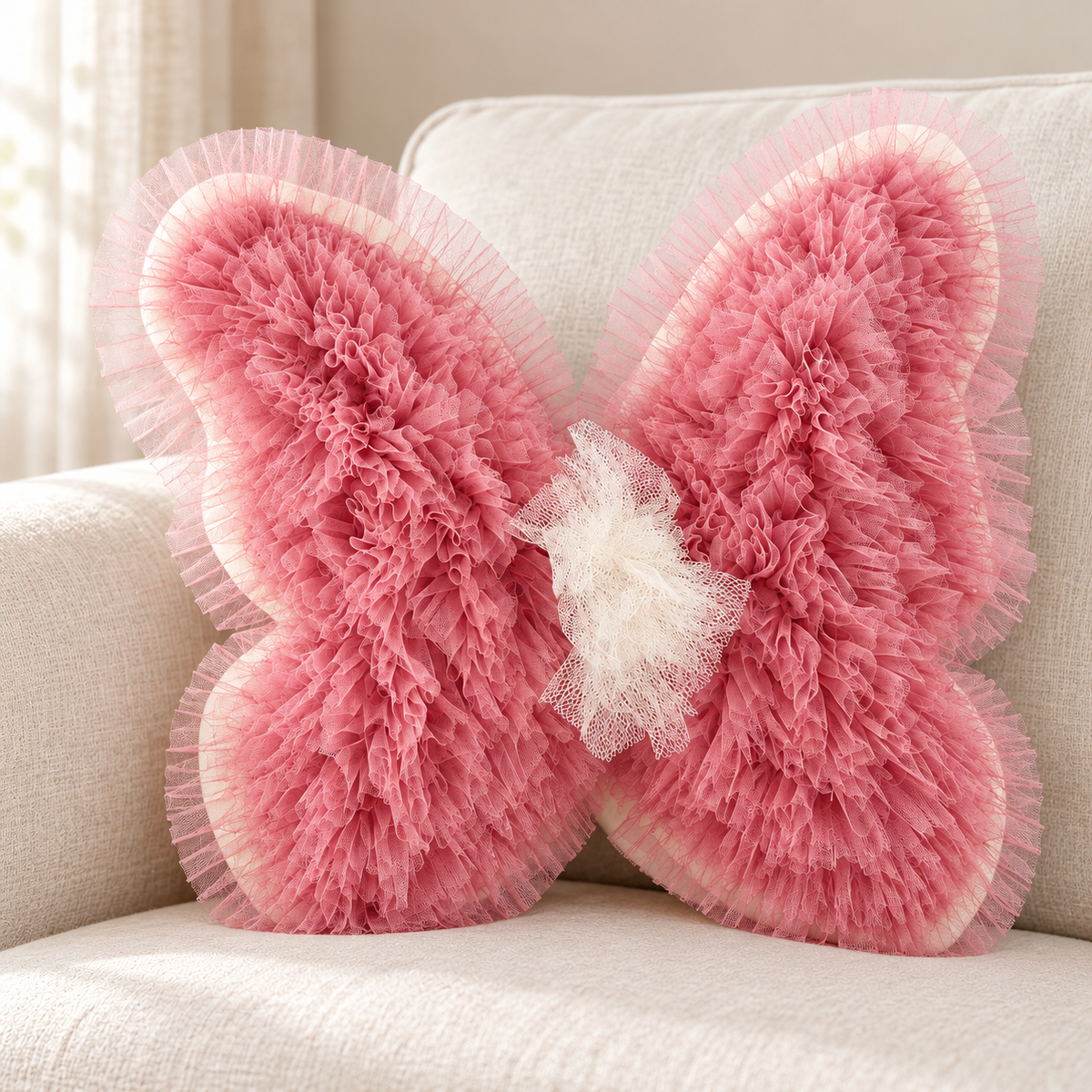 Pink Layered Butterfly Cushion with ruffled wings — KNOTZ