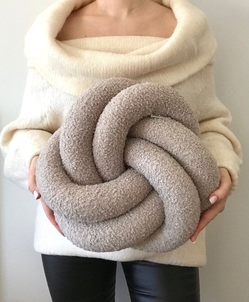 Ivory Textured Throw Knot Cushion Minimalist Home Decor Gift