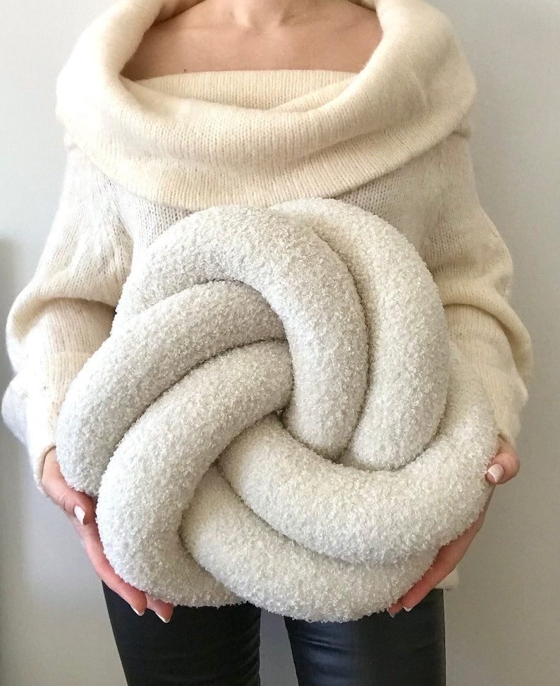 Ivory Textured Throw Knot Cushion Minimalist Home Decor Gift