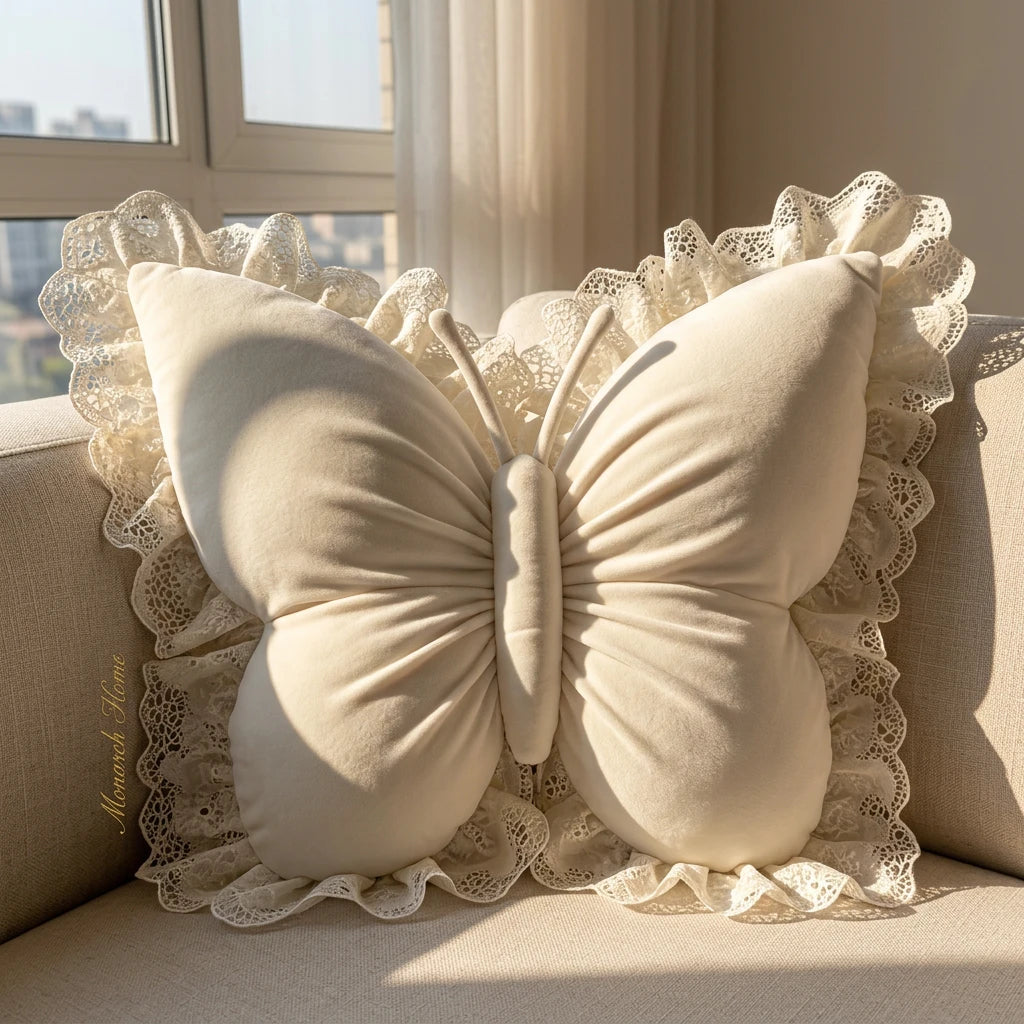 Ivory Lace Butterfly Cushion with a decorative lace edge — KNOTZ