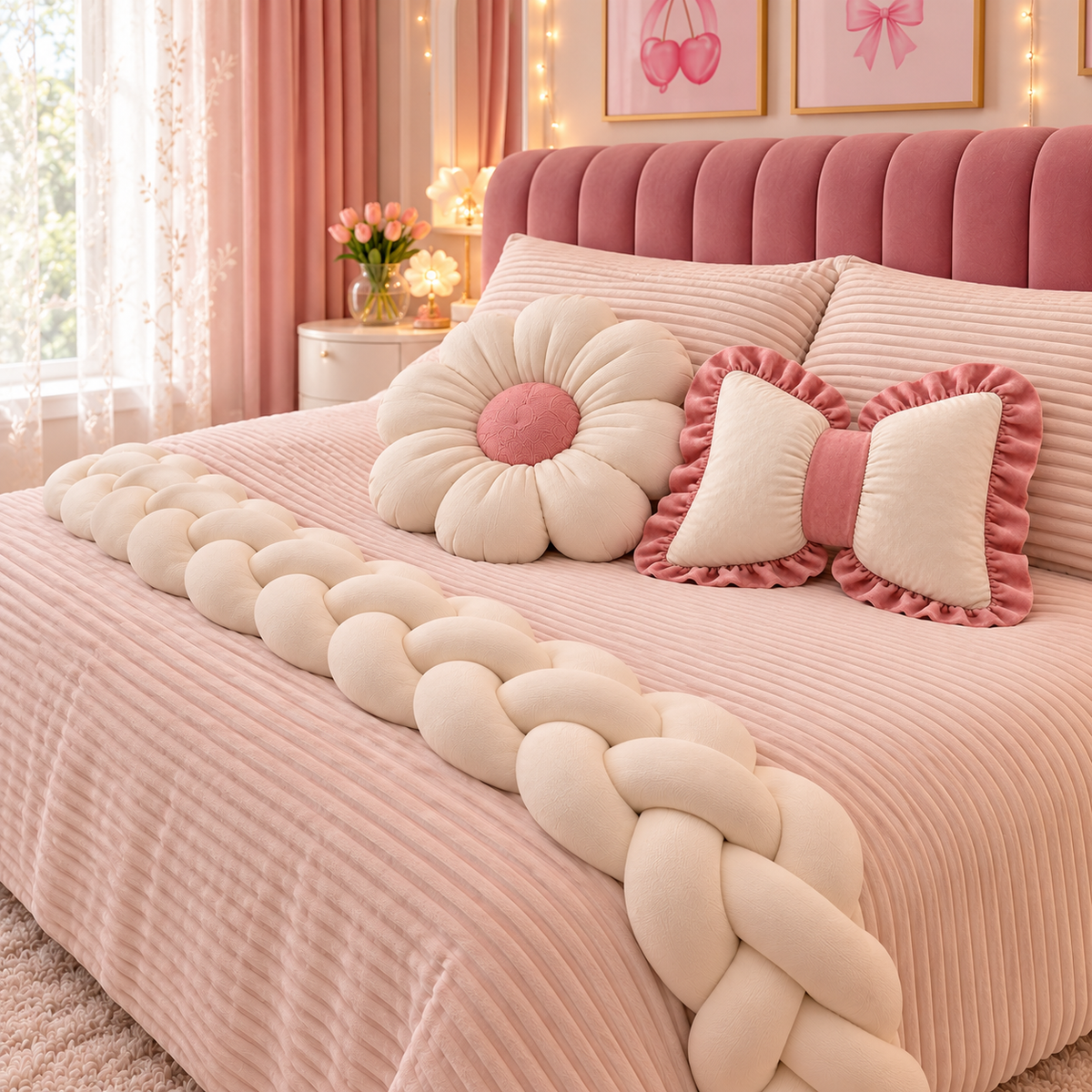 KNOTZ three-piece bedroom set with ivory braid, ivory flower and ivory-blush ruffle bow