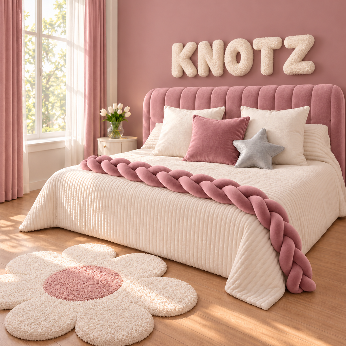 KNOTZ dusty pink and ivory bedroom styling with a velvet braid, two ivory cushions, one pink cushion, a silver star, ivory name letters and a terry flower mat