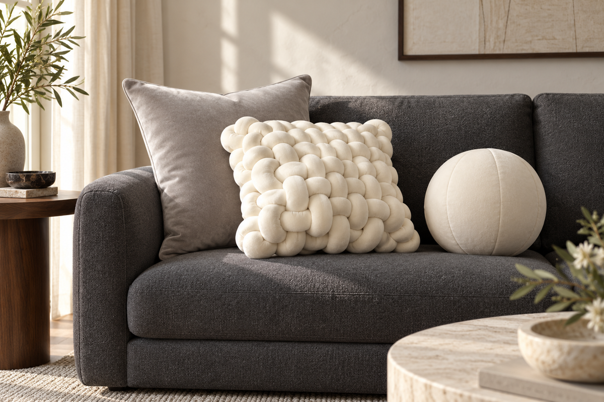 Graphite and Ivory Ball sofa set - digitally styled charcoal sofa with ivory Square Knot, grey Plain Velvet Cushion and ivory Ball Cushion