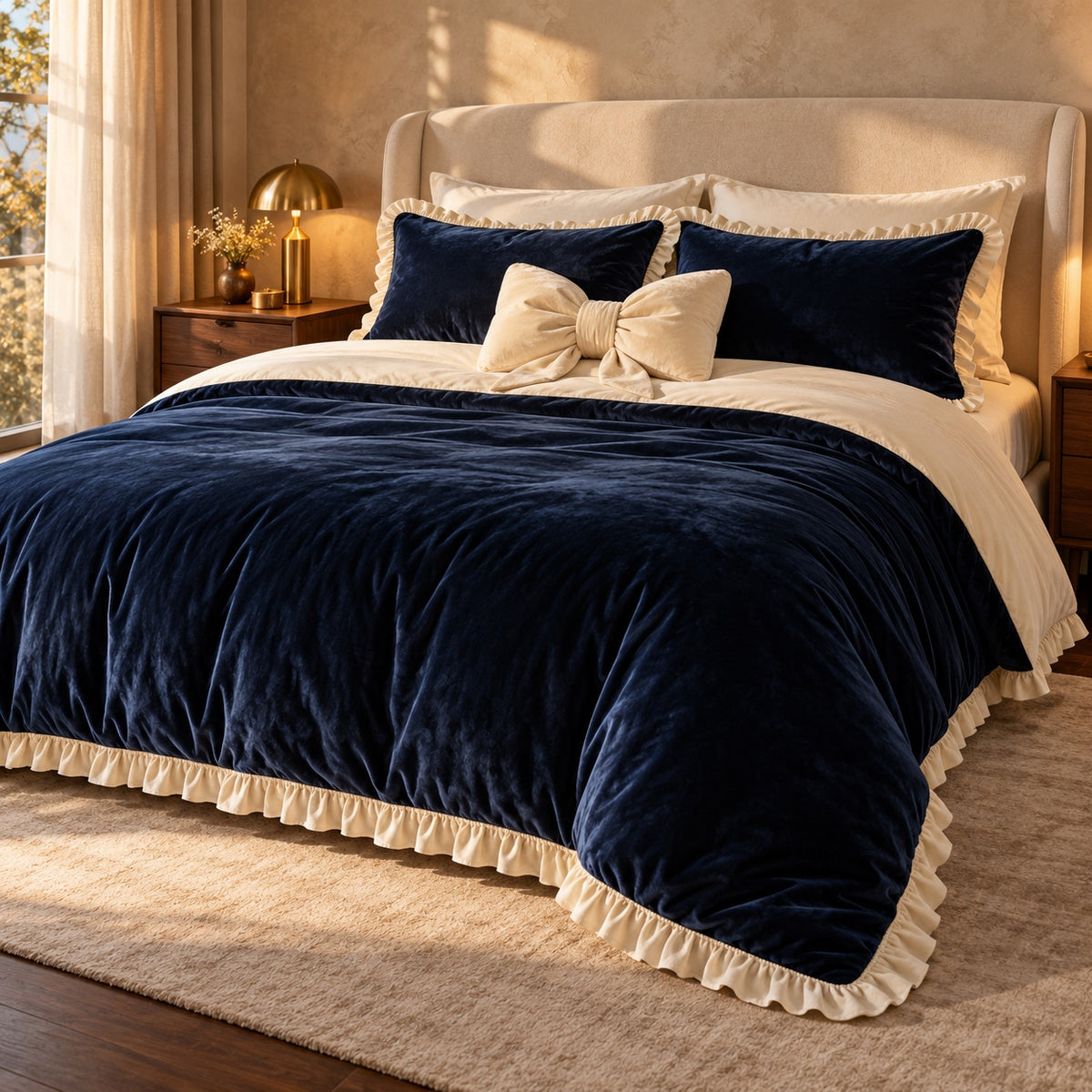 KNOTZ Midnight Bow navy velvet bedding set with ivory ruffle trim, ivory cotton reverse and filled ivory bow cushion