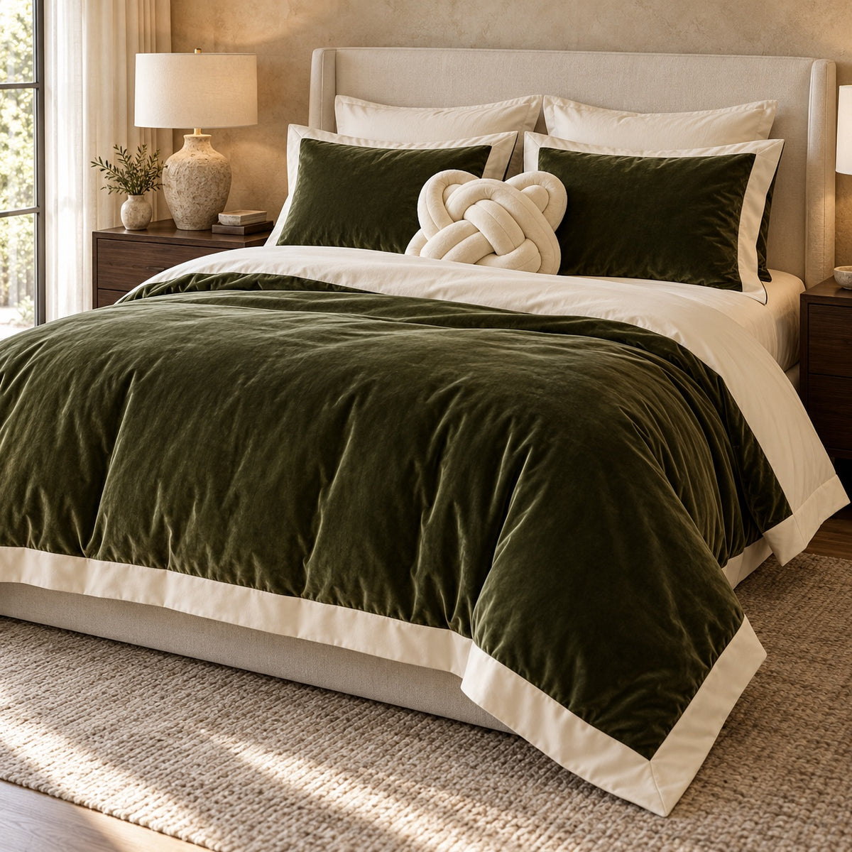 KNOTZ Olive Knot velvet bedding set with ivory border, ivory cotton reverse, matching pillowcases and filled ivory knot cushion