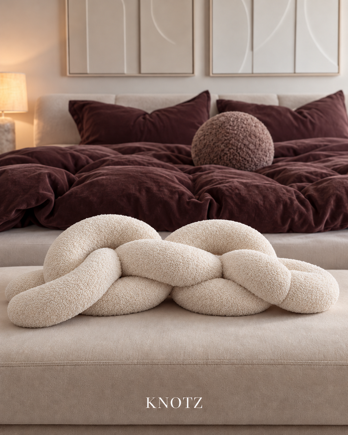 Digitally styled KNOTZ bedroom reference with ivory terry chain, two velvet pillows, coffee round cushion and velvet duvet; only the named product is included