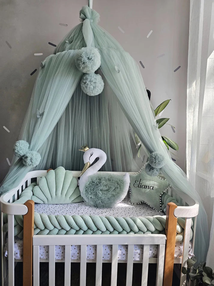 Mint green baby crib bedding with braided crib bumper