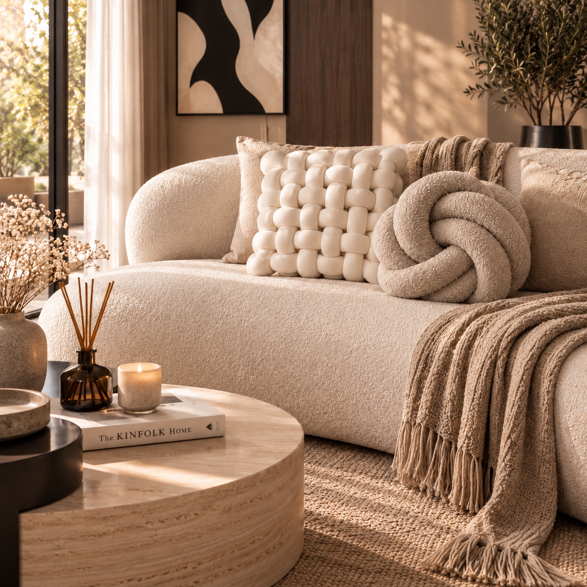 Sculptural lounge styling with a square knot and textured throw knot cushion