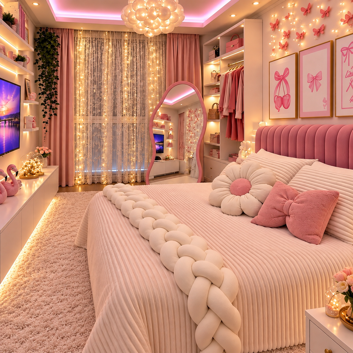 Blush bedroom styling with an ivory braid, flower cushion and butterfly cushion