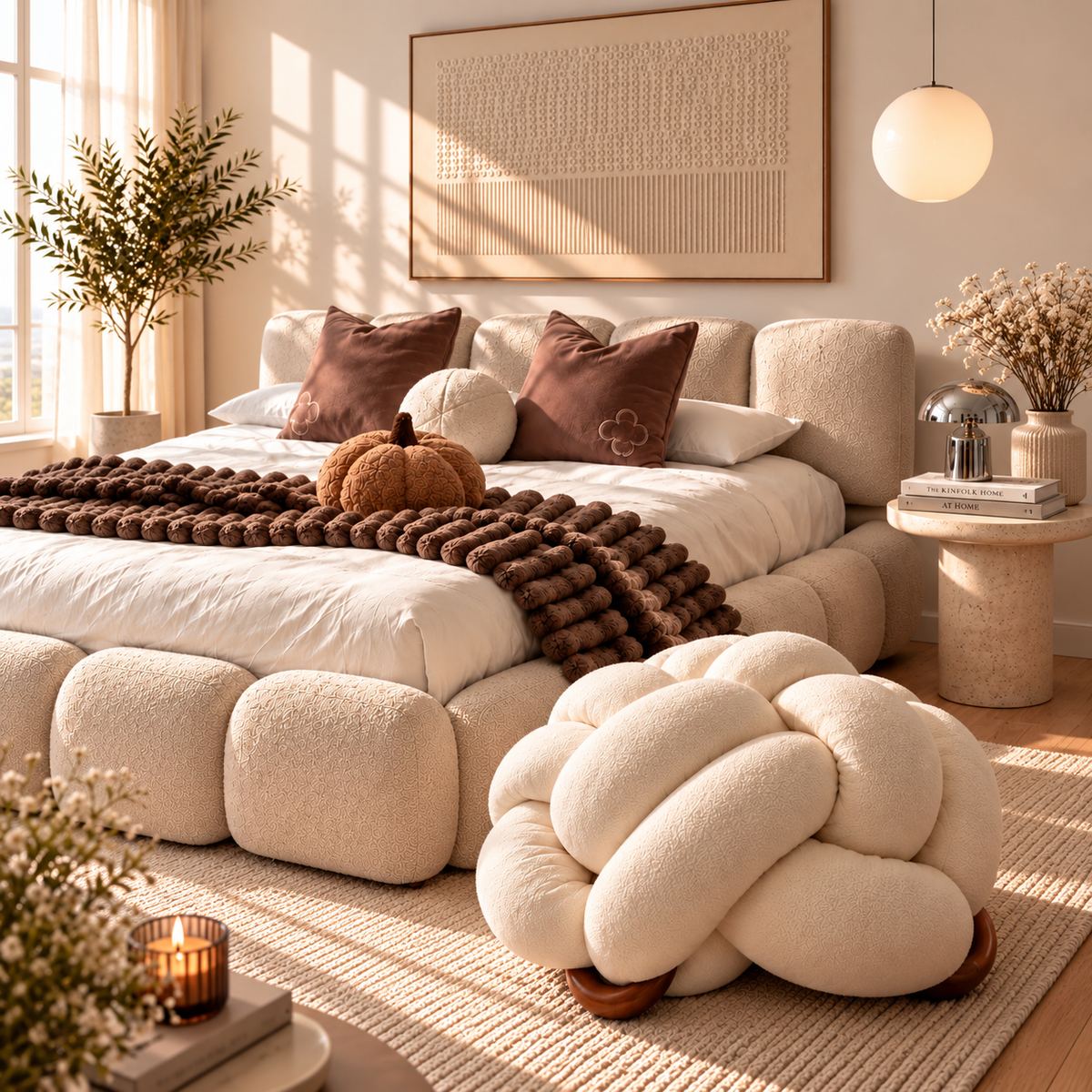 Warm bedroom styling with a knotted runner, pumpkin cushion and knot pouf