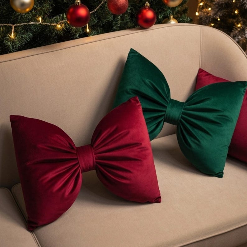 Elegant Velvet Bow Pillow – Burgundy, Green & Beige, Luxury Christmas Home Decor