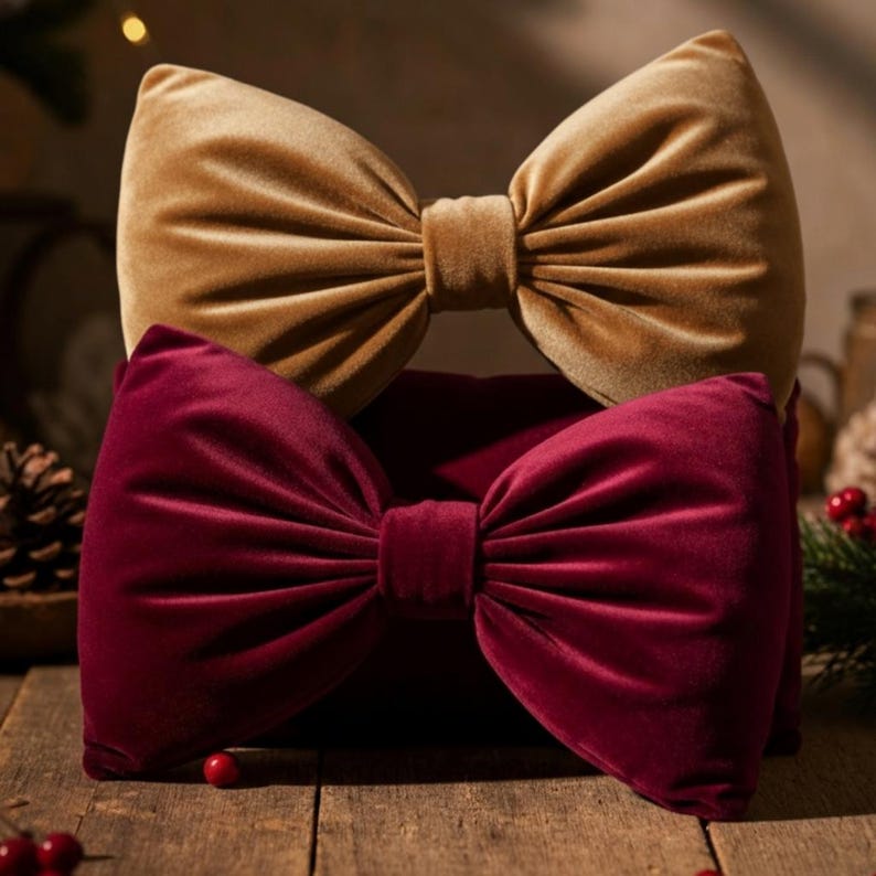 Elegant Velvet Bow Pillow – Burgundy, Green & Beige, Luxury Christmas Home Decor