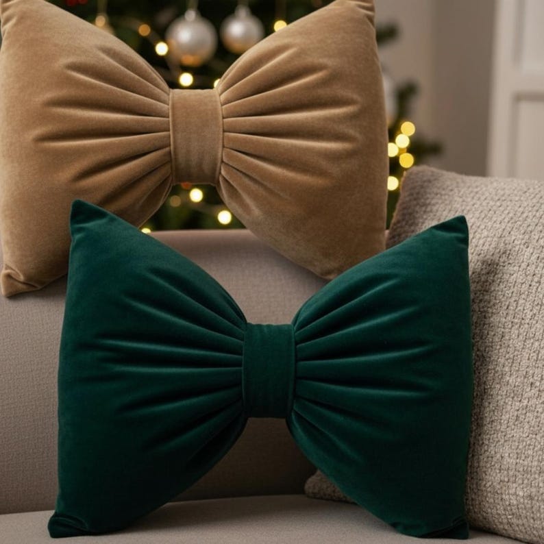 Elegant Velvet Bow Pillow – Burgundy, Green & Beige, Luxury Christmas Home Decor