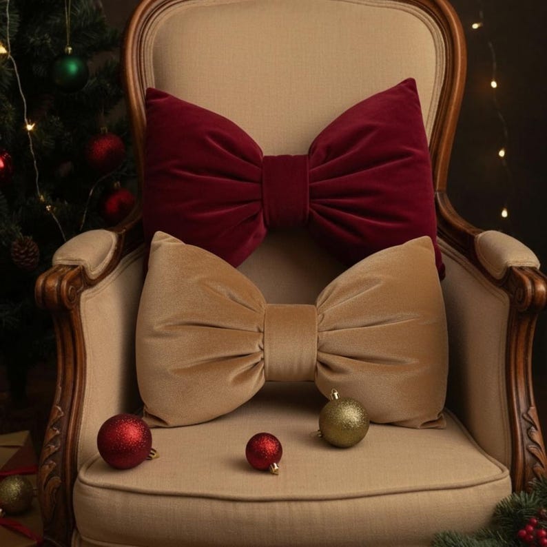 Elegant Velvet Bow Pillow – Burgundy, Green & Beige, Luxury Christmas Home Decor