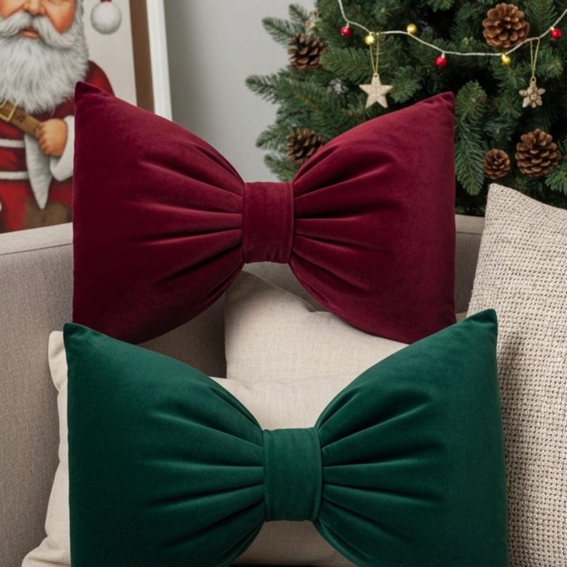 Elegant Velvet Bow Pillow – Burgundy, Green & Beige, Luxury Christmas Home Decor