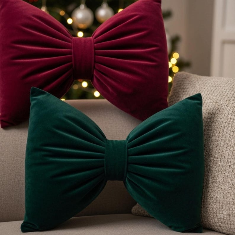 Elegant Velvet Bow Pillow – Burgundy, Green & Beige, Luxury Christmas Home Decor