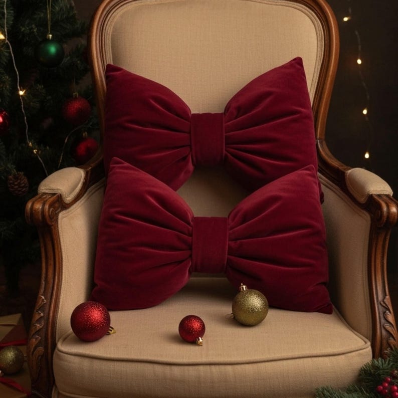 Elegant Velvet Bow Pillow – Burgundy, Green & Beige, Luxury Christmas Home Decor