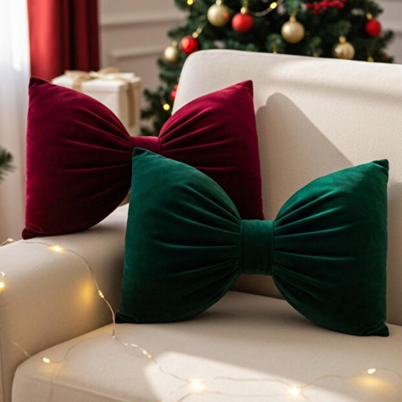 Elegant Velvet Bow Pillow – Burgundy, Green & Beige, Luxury Christmas Home Decor