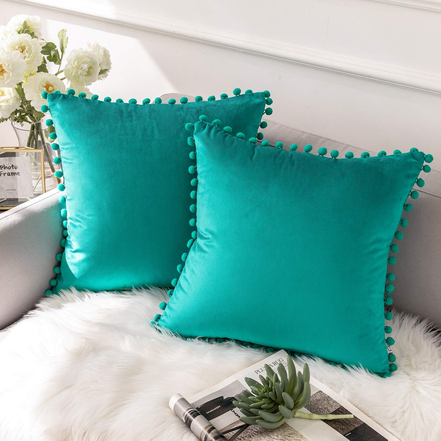 KNOTZ Cushion Covers with Pom Poms Soft Particles Velvet18*18inches