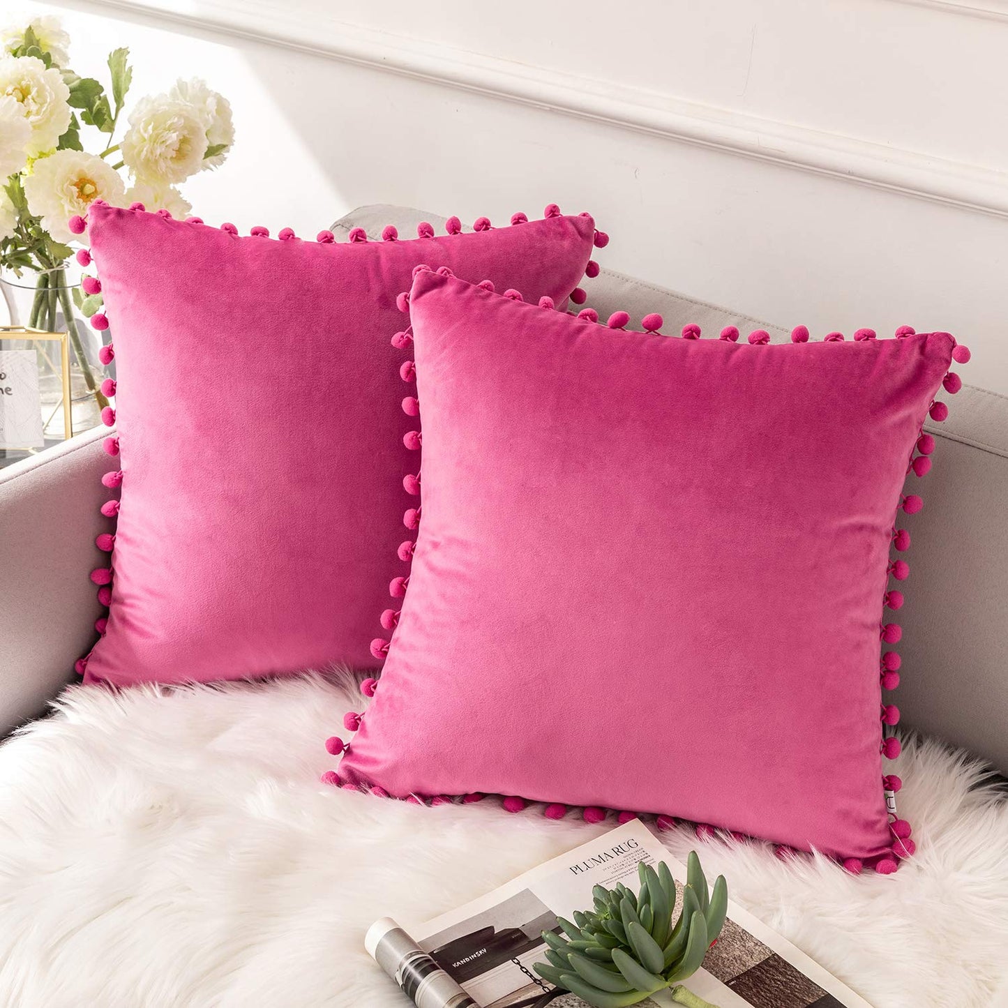 KNOTZ Cushion Covers with Pom Poms Soft Particles Velvet18*18inches