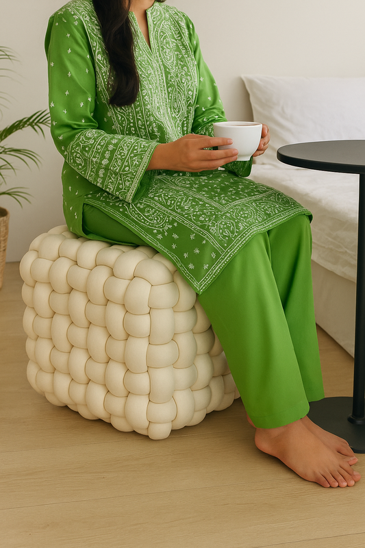 Luxe Braided Cube Ottoman – Ivory Dream