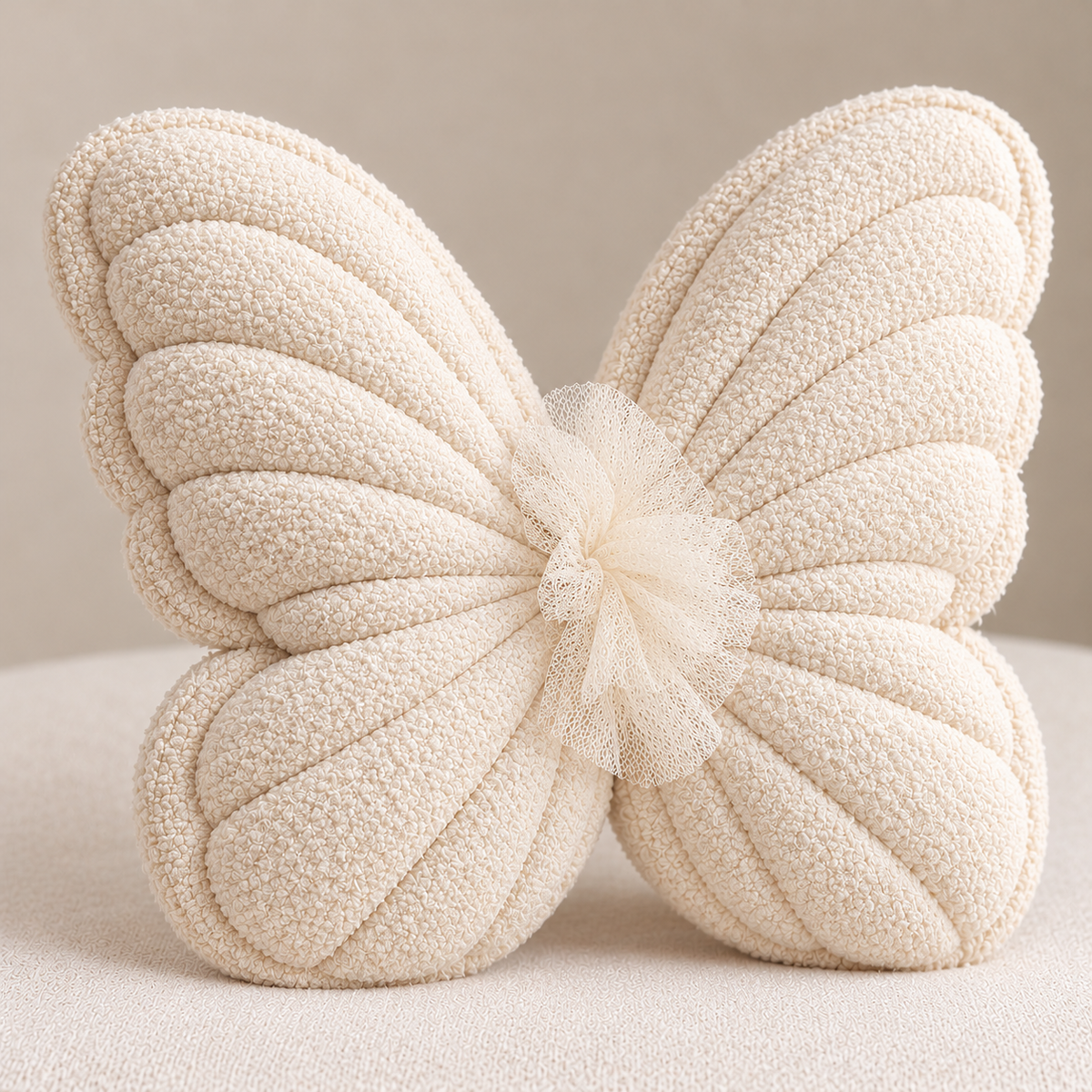 Ivory Terry Butterfly Cushion with padded stitched wings, alternate view — KNOTZ