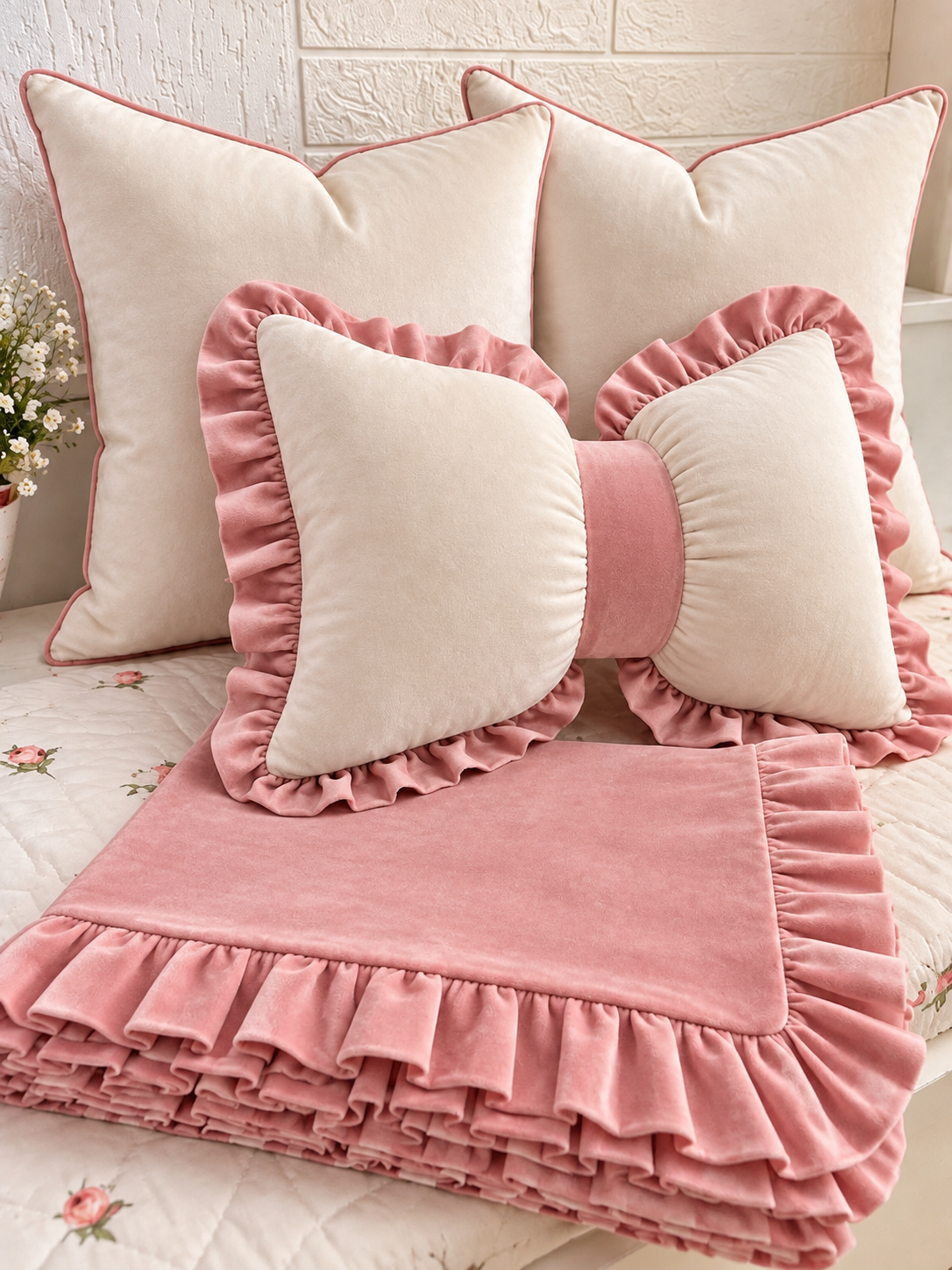 Ruffle bow cushion styled with square cushions and pink bedding; bow cushion sold separately