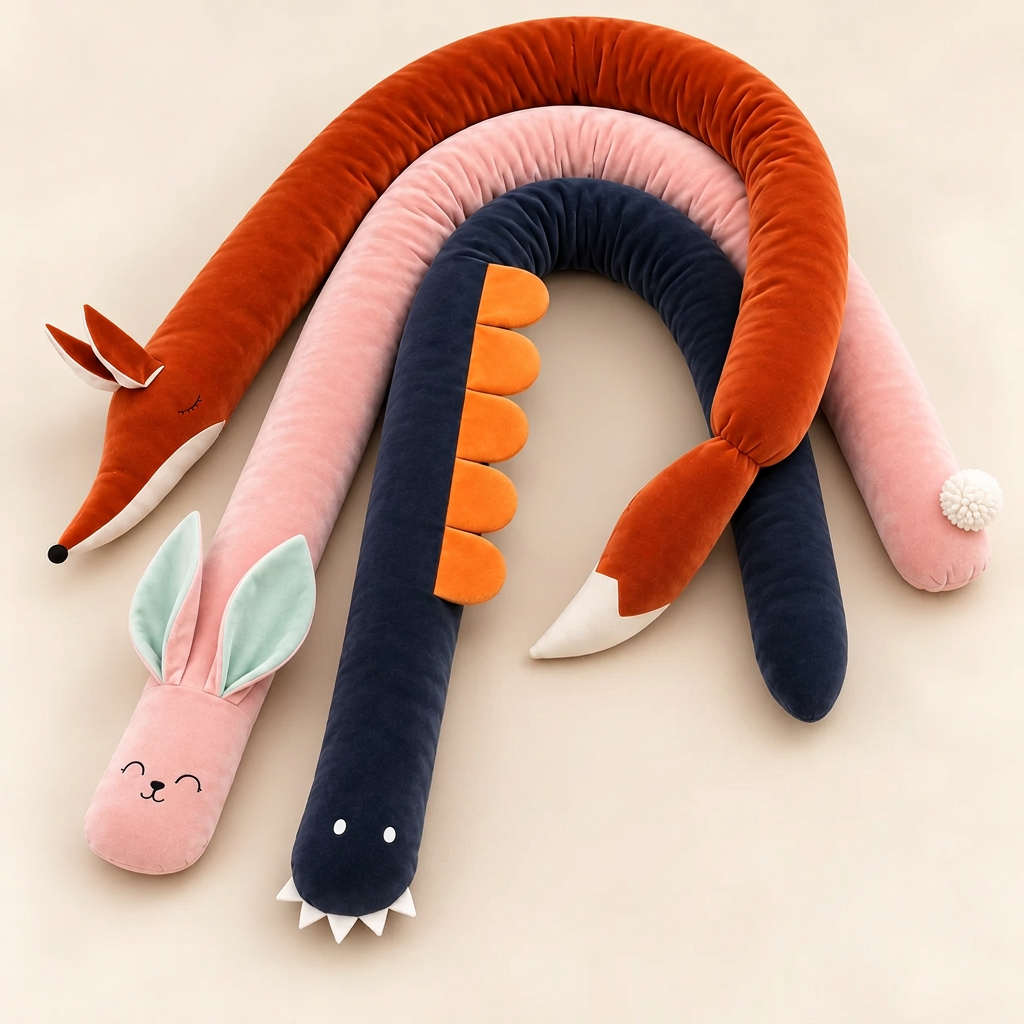 KNOTZ three long animal cushions: rust fox, pink bunny and navy dinosaur; small fox accent is a styling prop