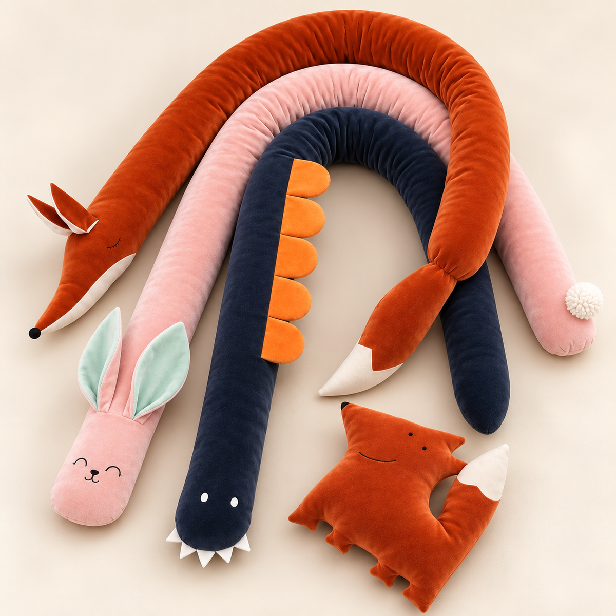 KNOTZ three long animal cushions: rust fox, pink bunny and navy dinosaur; small fox accent is a styling prop