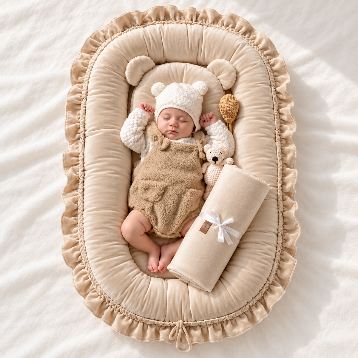 Beige-cream velvet ruffle baby nest with bear-ear pillow; blanket and toys are photography props