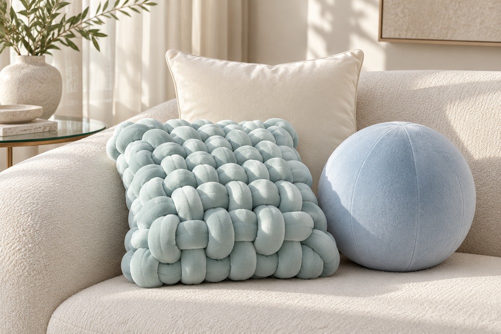 Blue Ice set — digitally styled room visualisation showing Square Knot · Mint Blue · 15 inches, Plain Velvet · Ivory · 18 × 18 inches, Sphere / Ball · Ice Blue