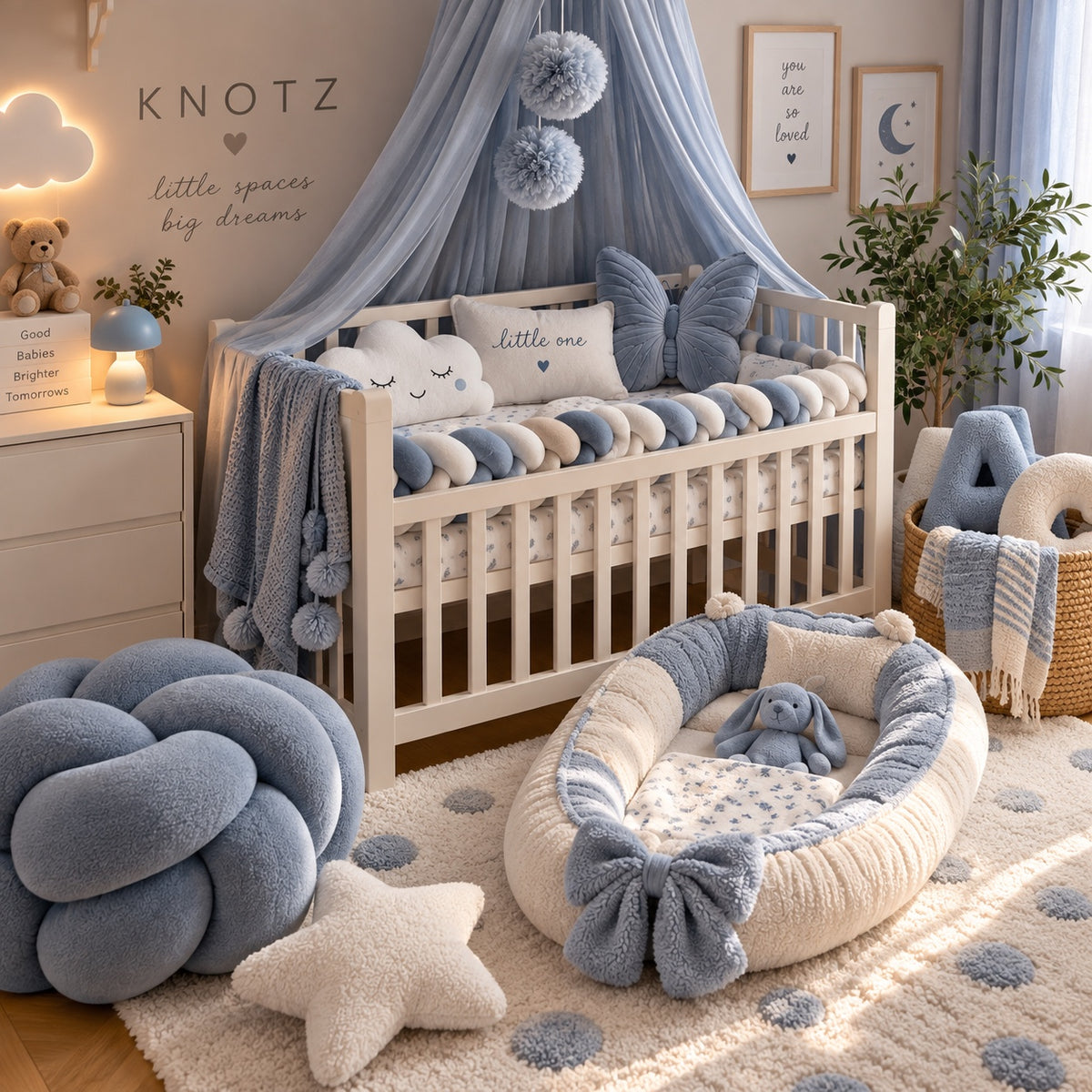 Blue nursery styling inspiration with KNOTZ braided accents and decorative cushions