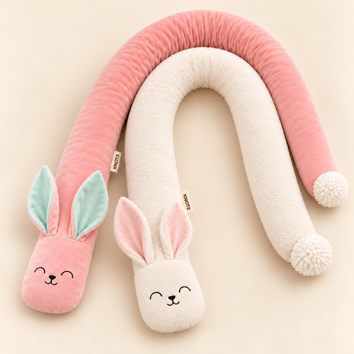 KNOTZ blush velvet and fluffy ivory terry long bunny cushion duo