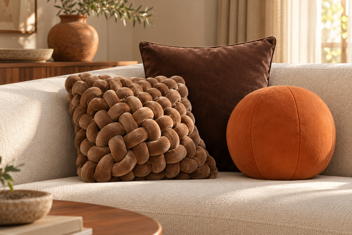 Clay & Coffee set — digitally styled room visualisation showing Square Knot · Brown · 15 inches, Plain Velvet · Coffee · 18 × 18 inches, Sphere / Ball · Burnt Orange