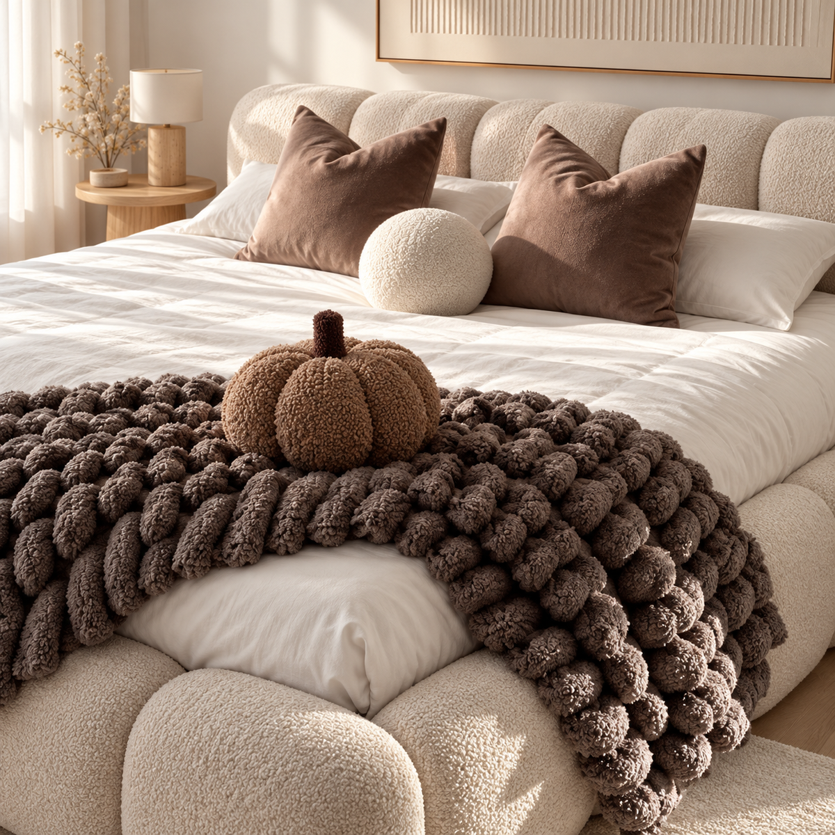 KNOTZ four-piece coffee and ivory cushion set: two coffee velvet square cushions, one ivory terry ball and one coffee terry pumpkin cushion