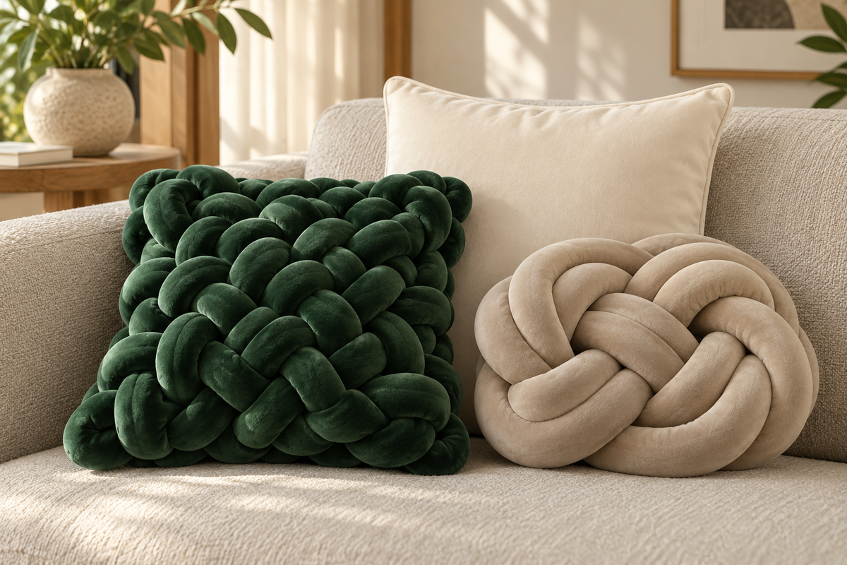 Forest & Linen set — digitally styled room visualisation showing Square Knot · Green · 15 inches, Plain Velvet · Ivory · 18 × 18 inches, Ring Knot · Beige