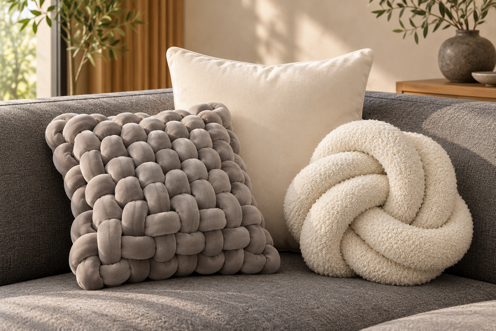 Graphite & Ivory set — digitally styled room visualisation showing Square Knot · Grey · 15 inches, Plain Velvet · Ivory · 18 × 18 inches, Textured Throw Knot · Ivory