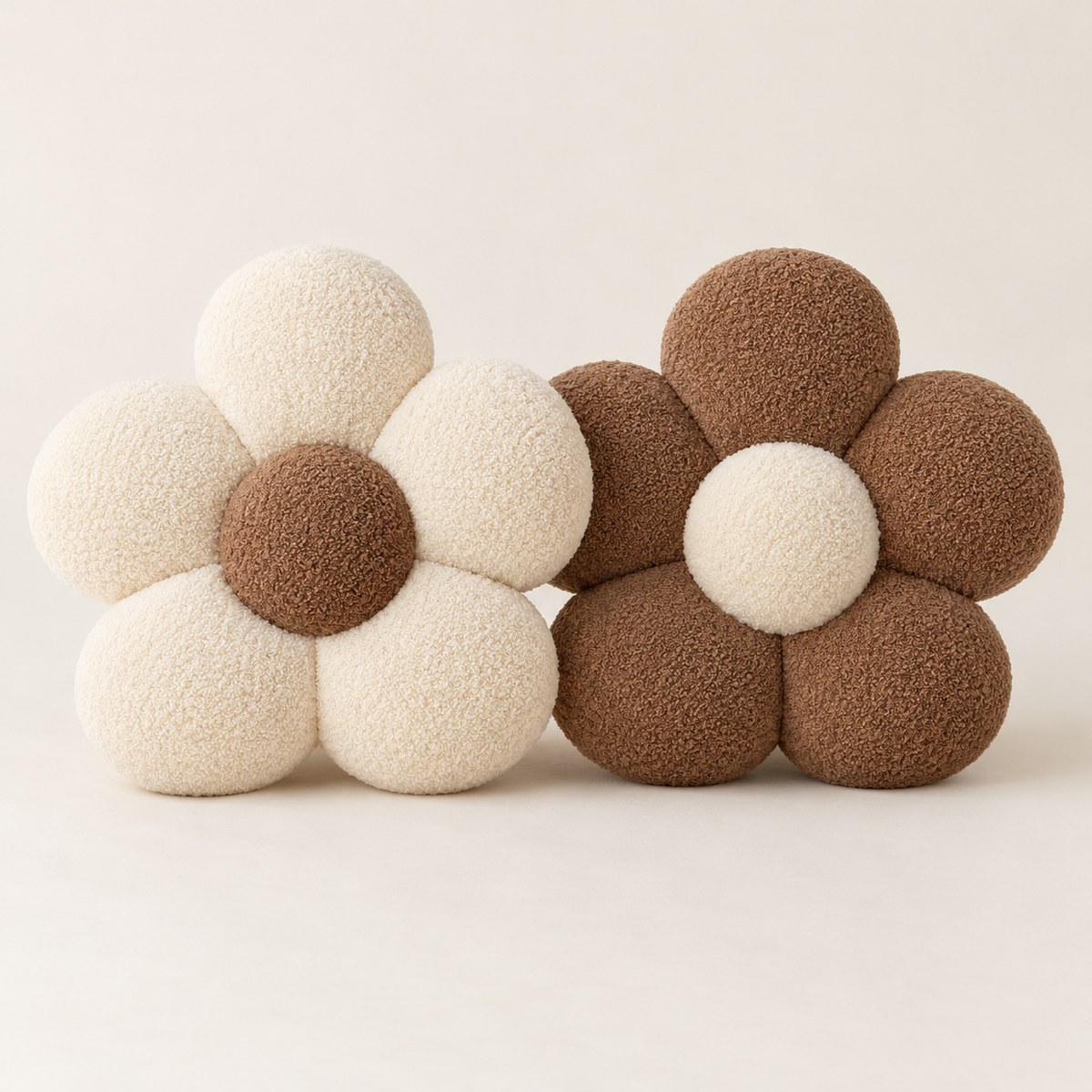Pair of 15-inch terry flower cushions: ivory petals with coffee centre and coffee petals with ivory centre