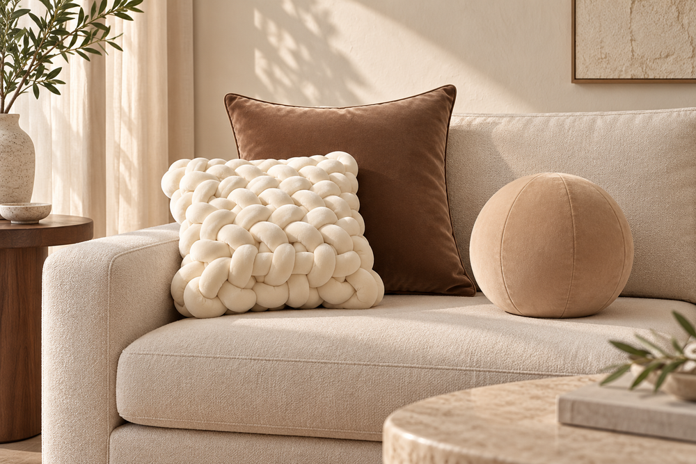 Ivory & Mocha set — digitally styled room visualisation showing Square Knot · Ivory · 15 inches, Plain Velvet · Coffee · 18 × 18 inches, Sphere / Ball · Beige