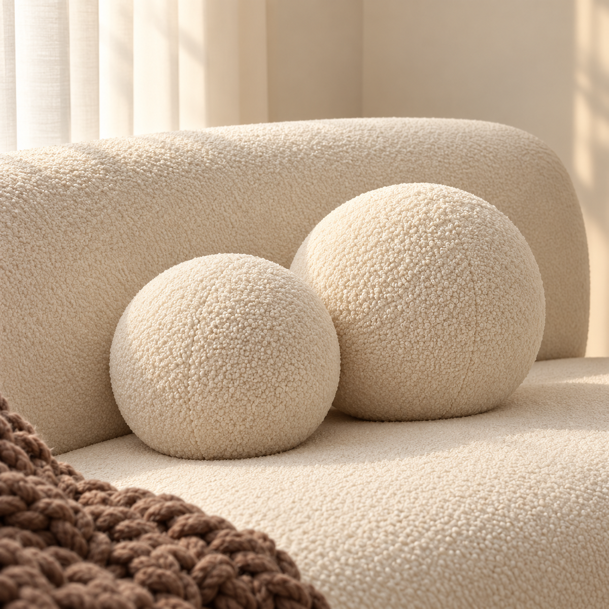 Two ivory terry sphere cushions, a smaller and larger round ball pillow, styled together on a curved ivory sofa