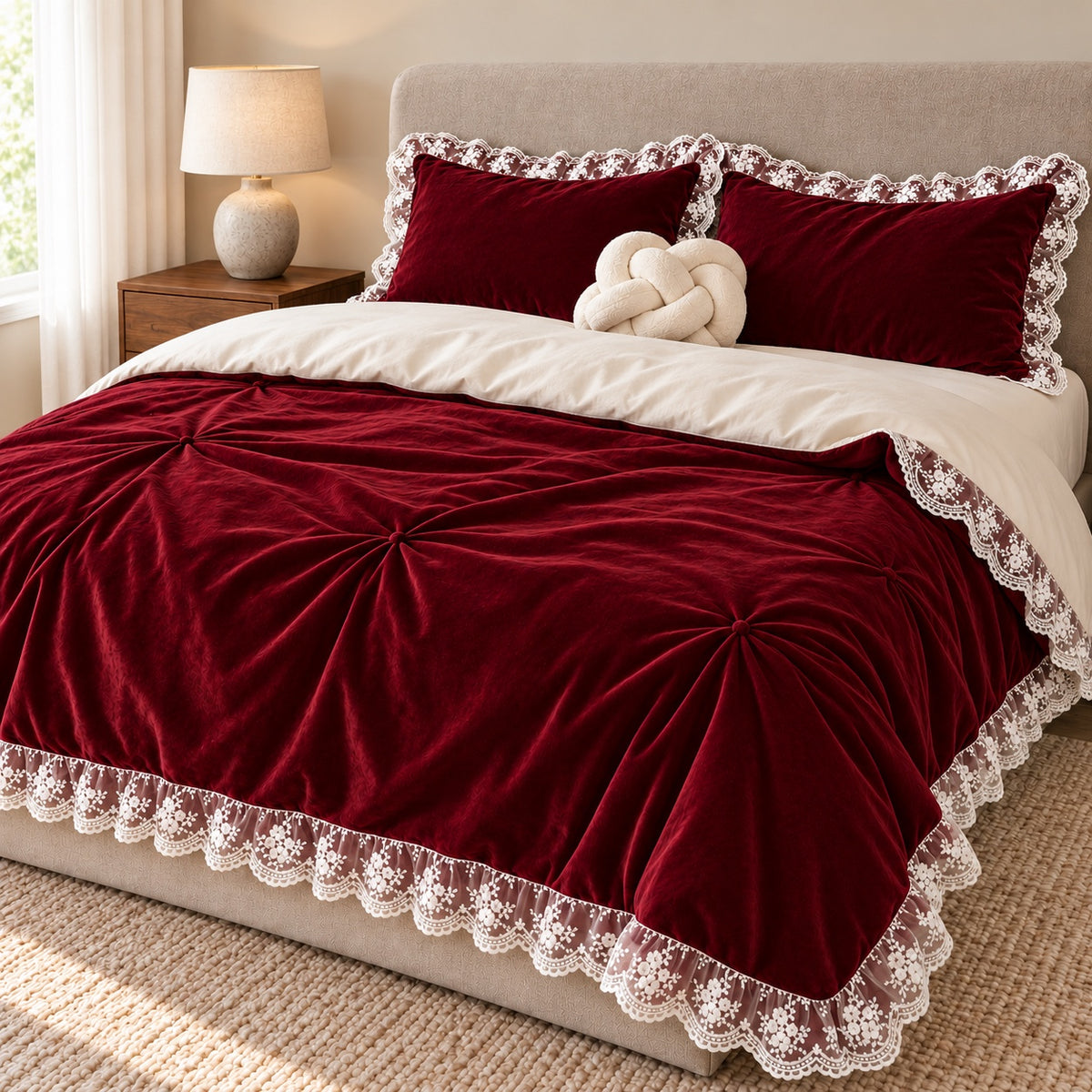 Maroon Lace Spandex Bedding Set — 4 Pieces