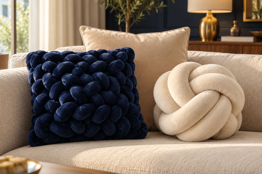 Midnight & Sand set — digitally styled room visualisation showing Square Knot · Midnight Blue · 15 inches, Plain Velvet · Beige · 18 × 18 inches, Double Loop Knot · Cream