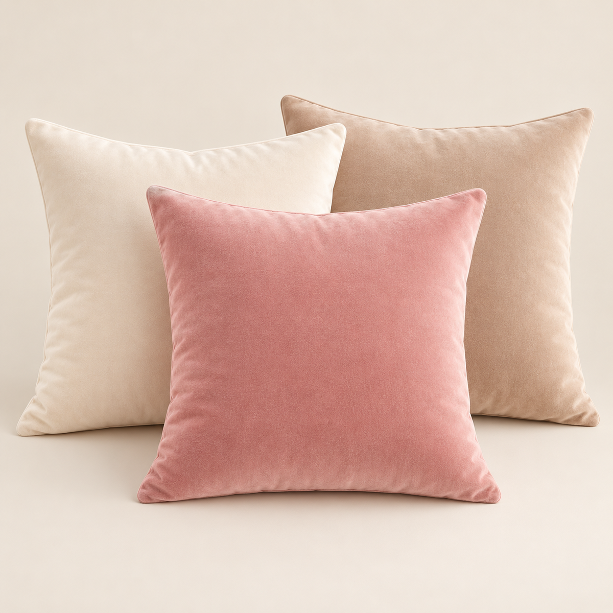 Plain velvet cushions in ivory, beige and blush