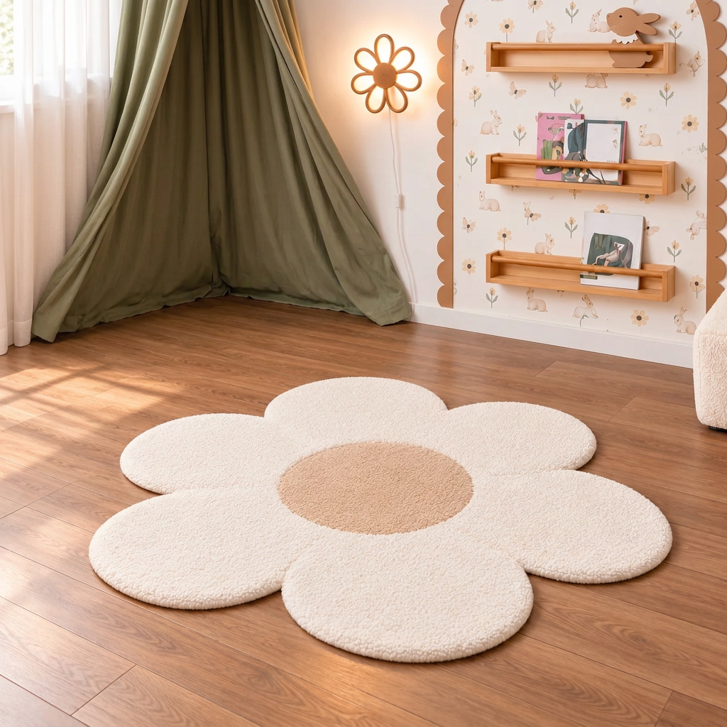 KNOTZ sage and beige reading corner with ivory terry flower floor mat, beige velvet seater, two terry flower cushions and sage ivory pinwheel cushion