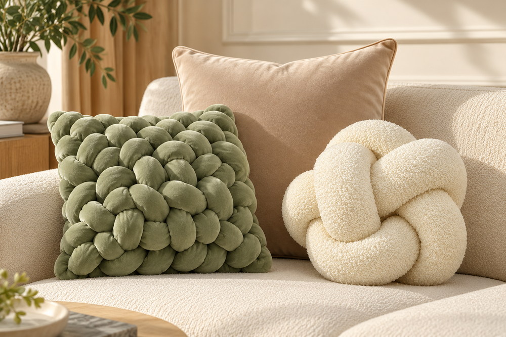 Sage & Oat set — digitally styled room visualisation showing Square Knot · Sage Green · 15 inches, Plain Velvet · Beige · 18 × 18 inches, 8-Panel Knot · Terrycloth · Ivory