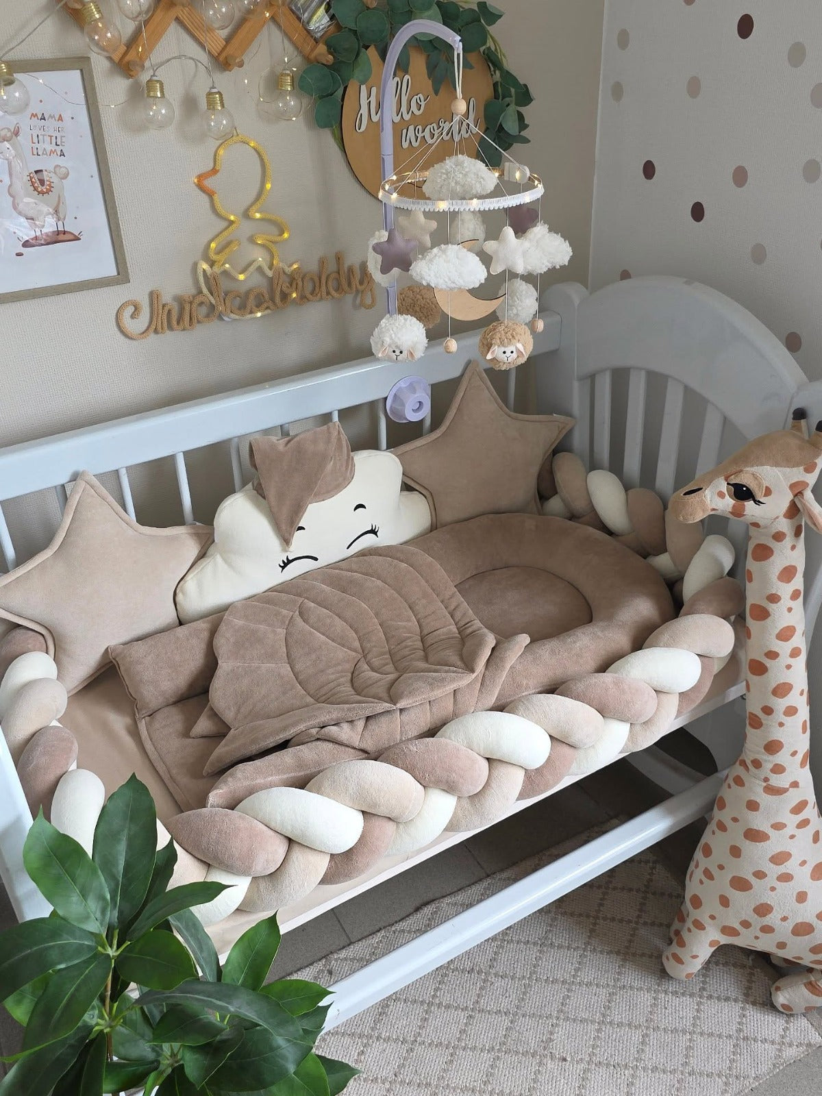 Cream & Ivory Velvet Baby Nest with Braided Bumper & Cloud Cushion